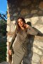 Women's Khaki Midi Dress with Long Sleeves, Drawstring Detail, Window Cutout and Slit - 4