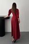 Women's Burgundy Long Dress with Bow Detail, Front Cutout, Balloon Sleeves, Flared Evening Dress - 5