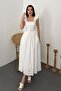 Women's Ecru Embroidered Square Neck Ruffle Sleeve Belted Midi Dress