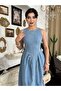 Women's Light Blue Denim Midi Dress with Backless Design and Tie Detail, Sleeveless - 4