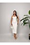 Women's White - White Slim-Fit Midi Dress with Thin Straps and Stone Accessories, Heart Collar - 2
