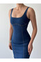Women's Dark Blue Midi Dress Strappy Square Neck Contrast Stitching Slim Fit Midi Denim Dress - 7