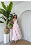 Women's Pink Shoulder Tie Flower Patterned Square Neck Midi Dress - 4