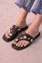 Vetta Brown Wrinkled Patent Leather Asymmetrical Buttoned Flip Flops - 2