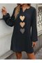 Women's Long Sleeve V-Neck Heart Pattern Mini Imported Crepe Dress - 2