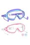 Children's swimming goggles (3-15 years old), with earplugs, large frame, anti-fog/UV protection, unisex, purple + pink.