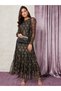 Long Sleeves All Over Metallic Lace Dress Frill Hem Maxi Dress