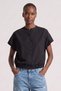 Women's Shirt Short Sleeve Oversize Shirt Crop Tie Shirt Cotton Loose Stand Collar Casual Shirt Blouse Black
