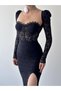 Women's Black Midi Dress with Lace Detail, Slit, Long Sleeves, Sweetheart Neckline - 8