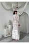 Women's Pink Chiffon Floral Patterned Layered Flounce Belted Long Dress - 8