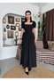 Women's Black Midi Dress Square Neck Balloon Sleeves Bow and Lace Detailed Poplin - 6