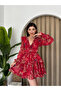 Women's Red Mini Dress V-Neck Floral Patterned Ruffled Backless Poplin