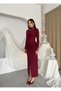 Women's Burgundy High Neck Long Sleeve Gathered Slit Midi Pencil Dress - 4