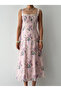 Women's Pink Floral Patterned Strappy Lace Detailed Bow Midi Dress - 2