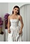 Women's White Midi Dress with Thin Straps, Square Neck, Floral Pattern, Gathered - 7
