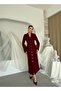 Women's Burgundy Long Cashmere Jacket with Collar, Buttons, Pockets, and Flared Cut - 6
