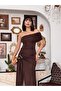 Women's Brown Strapless Draped Slit Midi Evening Dress with Gold Accessories - 7