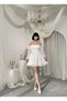 Women's White Mini Dress Chiffon Boat Neck Balloon Sleeves Gathered Flounces - 4