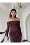 Women's Coffee Color Long Boat Neck Draped Dress with Tie Detail and Long Sleeves