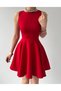 Women's Red Mini Dress with Crew Neck, Sleeveless, Pockets, Flared Skirt, Stylish Design - 2