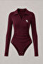 Polo Collar Embroidered Gathered Detail Zip-Up Blouse