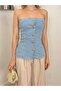Women's Blue Strapless Denim Look Slim Fit Blouse with Agrafl Stitching Detail - 4