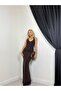Women's Coffee Color Halter Neck Lace Detailed Backless Maxi Evening Dress - 2