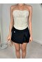 Women's Beige Strapless Floral Textured Lace-Up Corset Formed Crop Blouse - 3