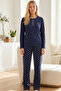 Navy Blue Patterned Embroidered Cotton Lycra Crew Neck Knitted Pajama Set26240280 - 2