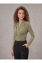 Women's Çağla Double-Breasted Collar Shoulder Pleated Padded Gathered Detailed Sandy Fabric Blouse - 2