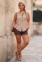 Beige High Neck Sleeveless Buttoned Pocketed Casual Muslin Woven Blouse 70 60 - 7