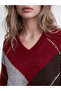 Ozmarka New Season Red V-Neck Diamond Patterned Women's Knitwear Sweater - 3