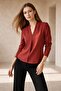V-Neck Shoulder Pleated Long Sleeve Blouse-Tile - 3502100 - 2