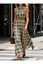 Women's Off-The-Shoulder Turtleneck Elastic Waist Plaid Pattern Long Single Jersey Dress