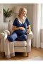 New Season Navy Blue Polka Dot Lace Detailed Buttoned Design Short Sleeve 100% Cotton Maternity Maternity Dressing Gown Pajama Set - 8