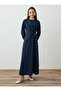 Asymmetrical Closure Detailed Linen Blend Hijab Dress - Navy Blue - - 2