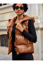 Women's Tan Leather Look Hooded Mid-Length Vest - 2