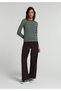 Slim Fit Round Neck Striped Women's Green Long Sleeve T-Shirt - 3