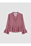 Pink Tie-Neck Plaid Ruffled Chiffon Blouse