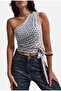 Women's Blue Brown Polka Dot Single Sleeve Strap Waist Tie Design Blouse - 3