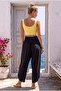 Black Embroidered Pocketed Elastic Waist Shalwar Leg Casual Linen Look Woven Trousers 90 68 - 8