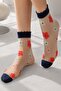 Women's Navy Blue Floral Patterned Transparent Tulle Contrast Detailed Socks - 4