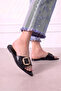 Rosso Black Wrinkled Patent Leather Gold Buckle Pointed Shape Women's Slippers - 3