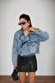 Women's Blue Crop Denim Jacket with Stone Accessories, Double-Breasted Collar and Belt Buckle - 3