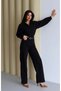 Women's Black Shirt Collar Belted Long Sleeve Straight Leg Cotton Jumpsuit - 2