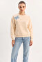 Women's Crew Neck Sweatshirt with Butterfly Accessories, Stone Embroidery, Three Thread Shadon Beige Sweatshirt - 7