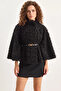 Women's Belt Detailed Soft Textured Plush Poncho Black - 7