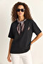 Women's Ceylan Embroidered Scarf Basic Casual T-Shirt Black - 2