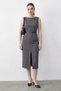 Women's Boat Neck Belted Front Slit Detailed Midi Pencil Gray Dress