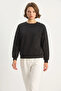 Women's Crew Neck Floral Embroidery Beaded Black Sweatshirt - 3